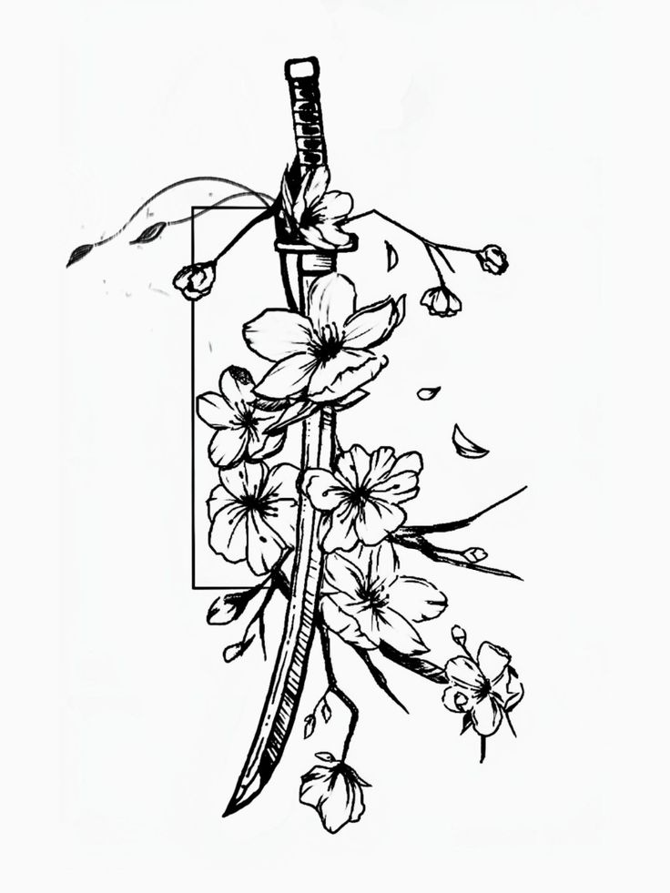 a black and white drawing of flowers with a knife sticking out of it's end