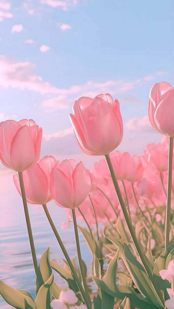 pink tulips are blooming in front of the water and blue sky with clouds