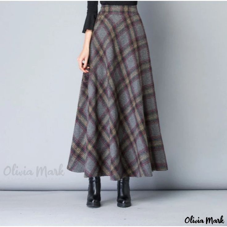 Olivia Mark - Stylish Plaid A-line Skirt: High Waisted, Woolen, Flared, Knee-length, Thickened Winter Dress Office Women Outfits, Substitute Teacher Ideas, Blouses 2022, Long Skirt Winter, Long A Line Skirt, Big Skirts, Tartan Skirt, Office Women, Maxi Rok