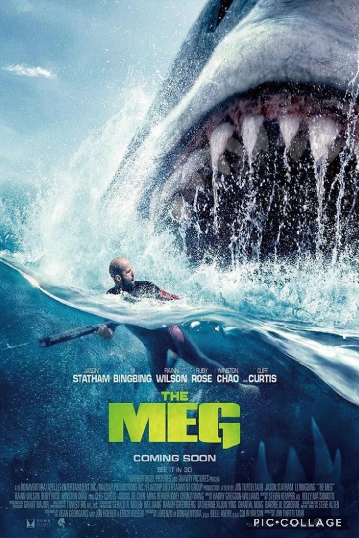 the movie poster for the upcoming film, the megg starring shark and surfers