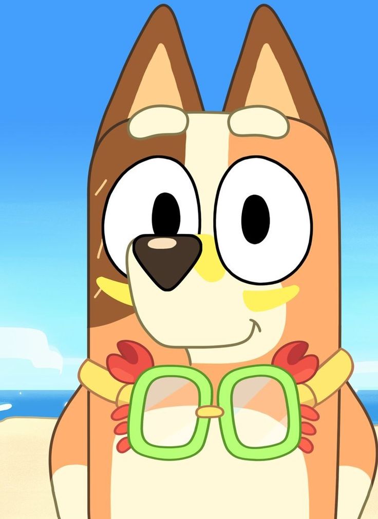 a cartoon dog wearing glasses on the beach