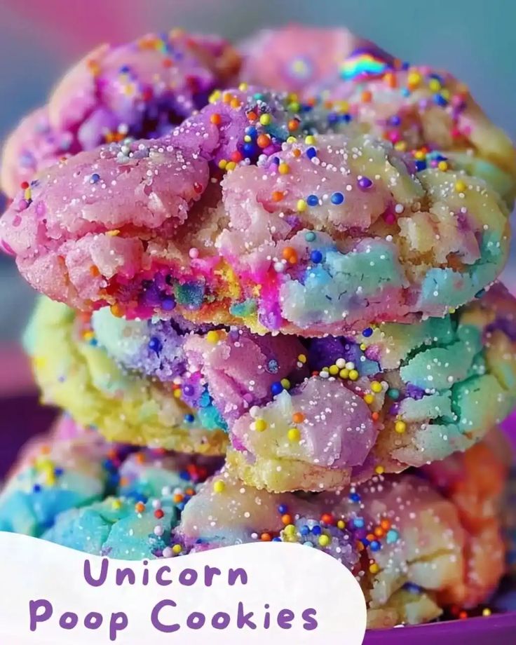 unicorn pop cookies stacked on top of each other with sprinkles in the middle