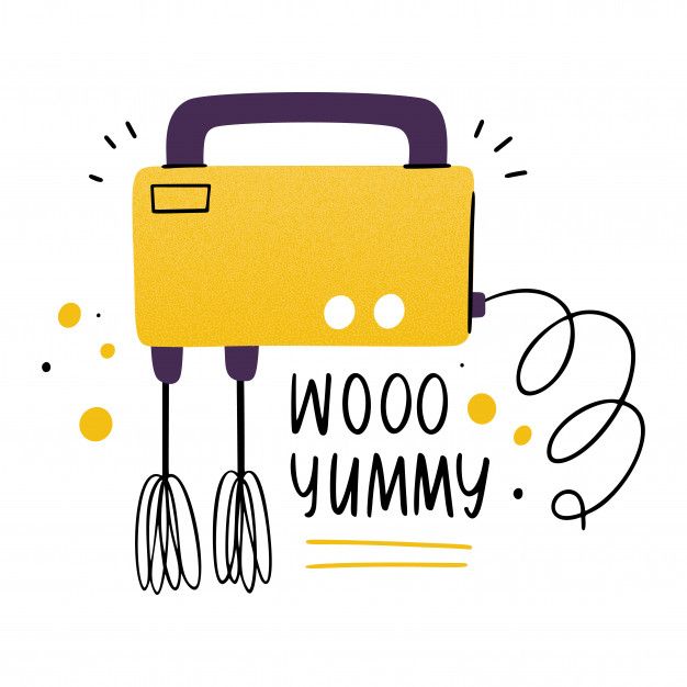 a yellow toaster and whisk with the words woo yummy on it