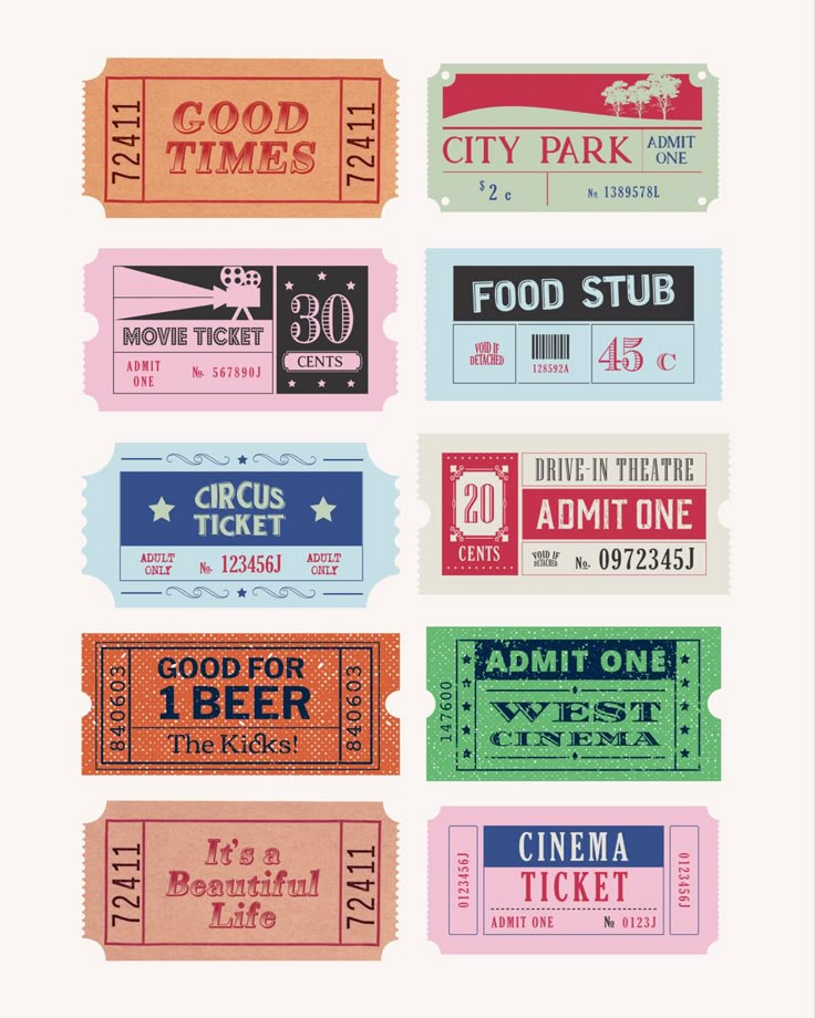 several different colored tickets with the words good times written on them and one for each ticket