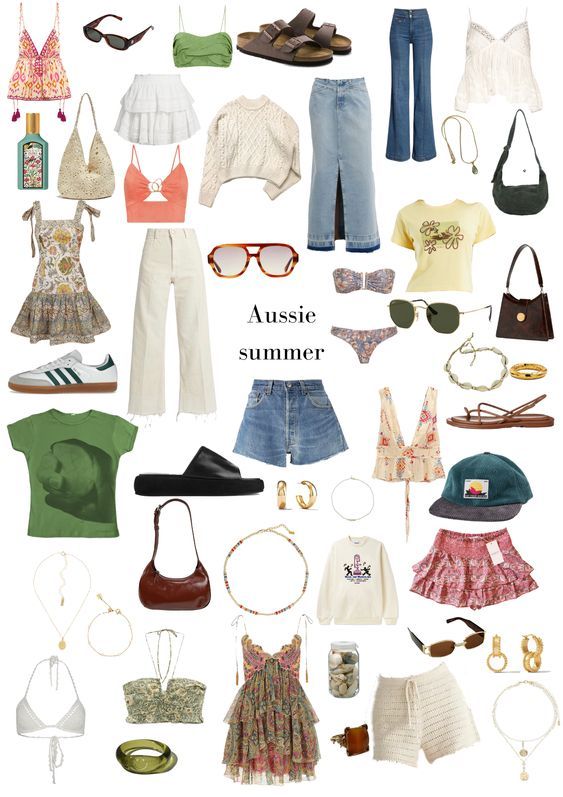 Australian Summer Style #SandyToesStyle #BeachHats #ShellJewelry #SeashellHairclips Summer Clothes Australia, Outfit Inspo Summer Australia, 2024 Clothing Aesthetic, Summer Outfits 2023 Australia, Aussie Fashion Summer, Summer 2034 Outfits, Shein Europe Outfits, Australian Fashion 2024, Australian Summer Fashion 2024