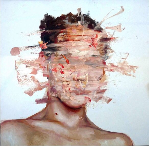 an abstract painting of a woman's head with multiple layers of hair