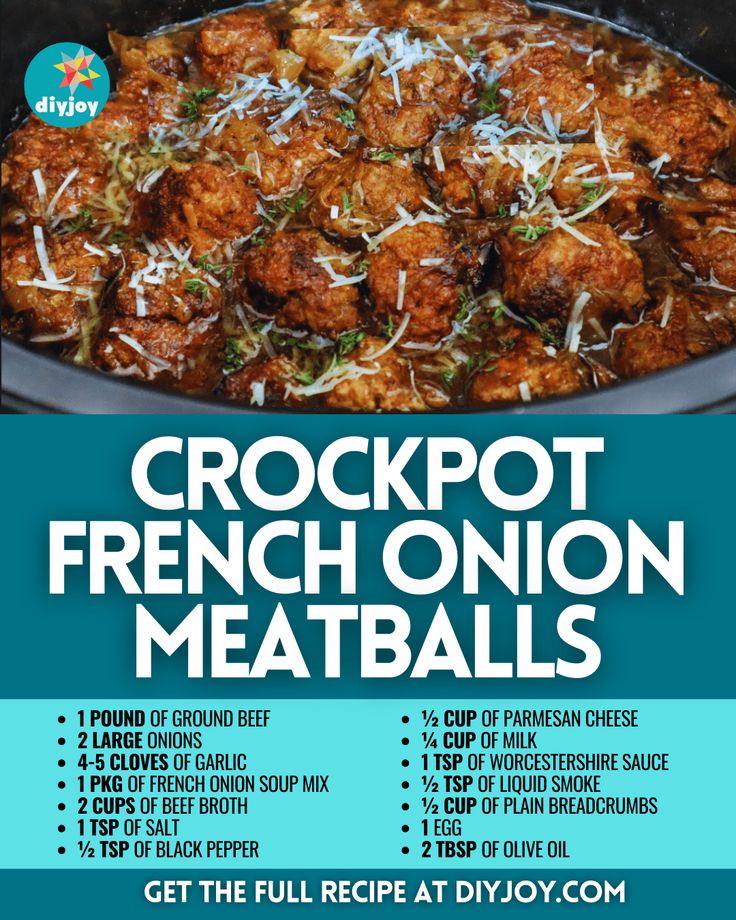 the recipe for crockpot french onion meatballs is shown in front of a blue background