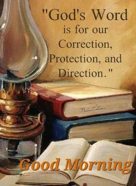 an open book sitting on top of a table next to a lamp and books with the words god's word is for our correct, protection, protection, and direction, and direction