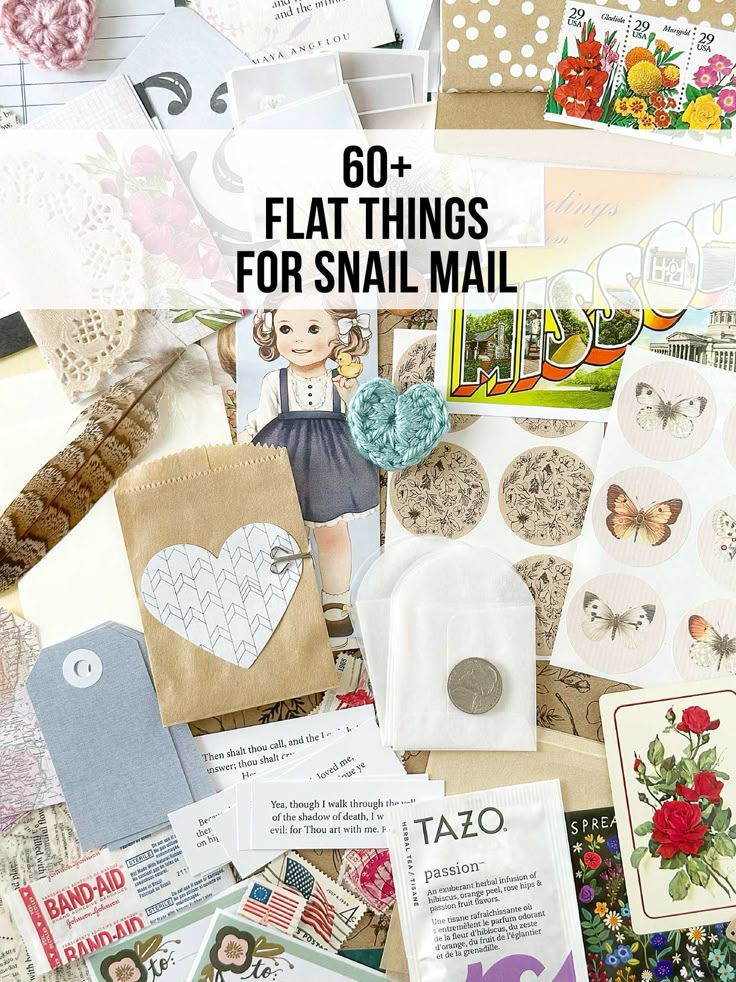 there are many different things on the table with text that says 60 flat things for small mail