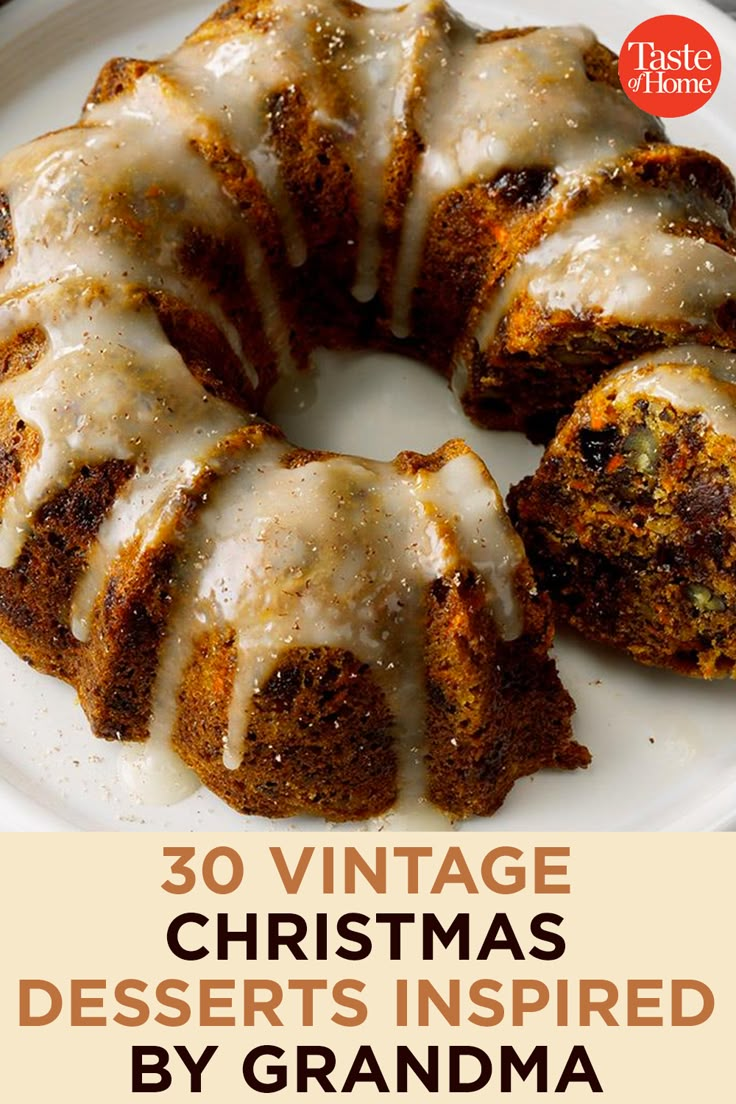 a white plate topped with a bundt cake covered in icing