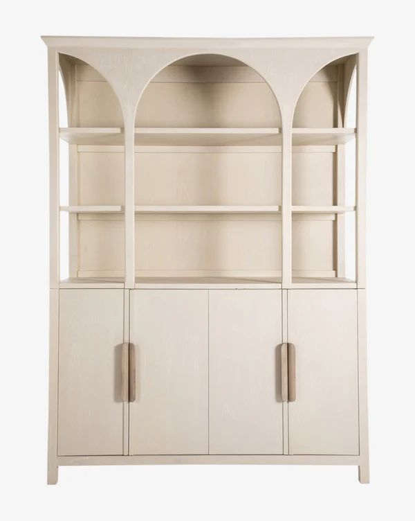 a white bookcase with two doors and shelves