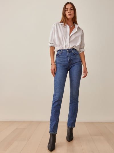 Check out the Liza Ultra High Rise Straight Jeans - Sustainable Denim from Reformation Straight Fit Jeans Outfit Women, Slim Fit Jeans Outfit Women, High Rise Straight Jeans Outfit, Slim Straight Jeans Outfit, Slim Fit Jeans Outfit, Mid Rise Jeans Outfit, Slim Jeans Outfit, High Rise Jeans Outfit, Mens Ootd