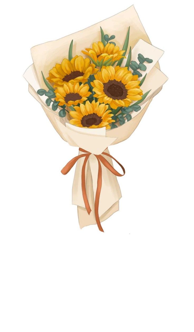 a bouquet of sunflowers is wrapped in white paper and tied with brown ribbon