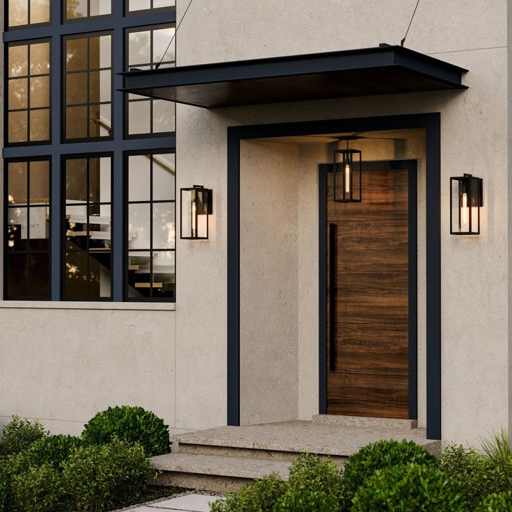 the front door of a house with two lights on it