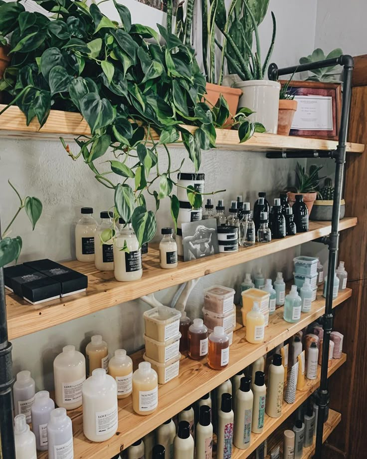 the shelves are filled with various bottles and containers, including soaps, lotions, and plants