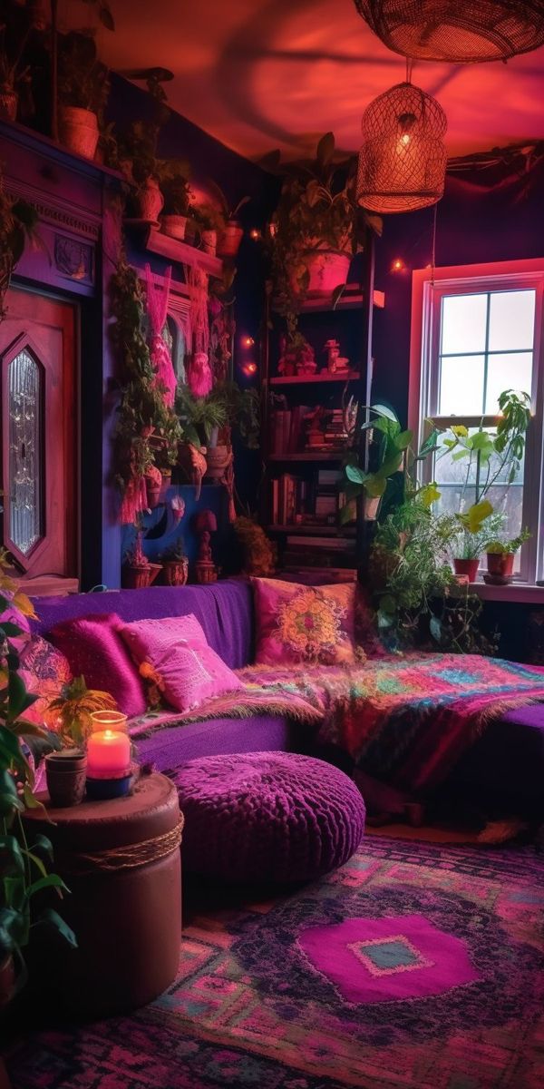 a living room filled with lots of purple furniture and potted plants on the wall