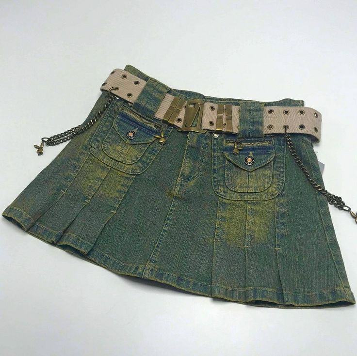 Matching Capri, Vest Or Pants Is Available As Well But Not Included! Material: 55% Ramie 41%Cotton 4%Spandex Made In China Green Denim Mini Skirt, Early 2000 Fashion, Vintage Denim Skirt, Casual Skirt Outfits, Skirt Trends, 2000s Fashion Outfits, Green Vintage, Fashion Fits, Green Cream