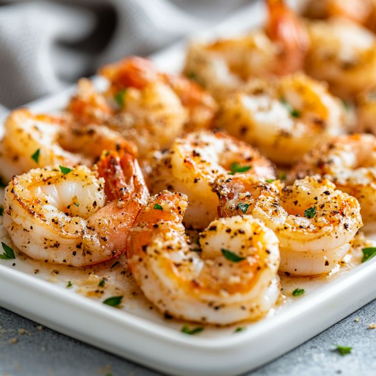 a white plate topped with cooked shrimp and garnished with parmesan sprinkles