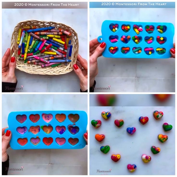 the process for making heart shaped crayons is shown in four different pictures, including one