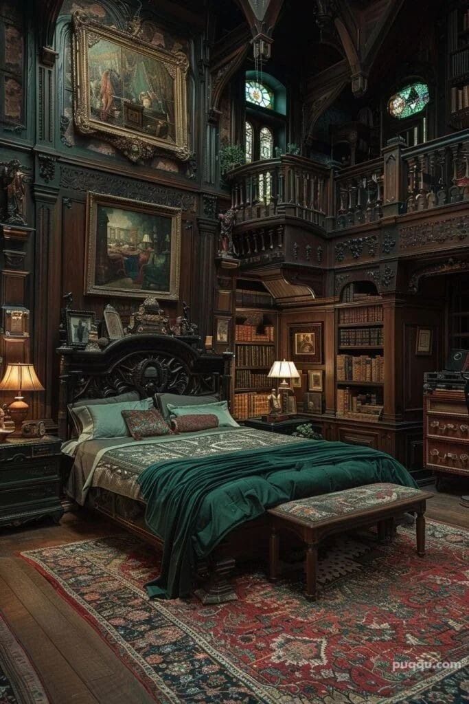 a large bed sitting in the middle of a bedroom next to a tall book shelf