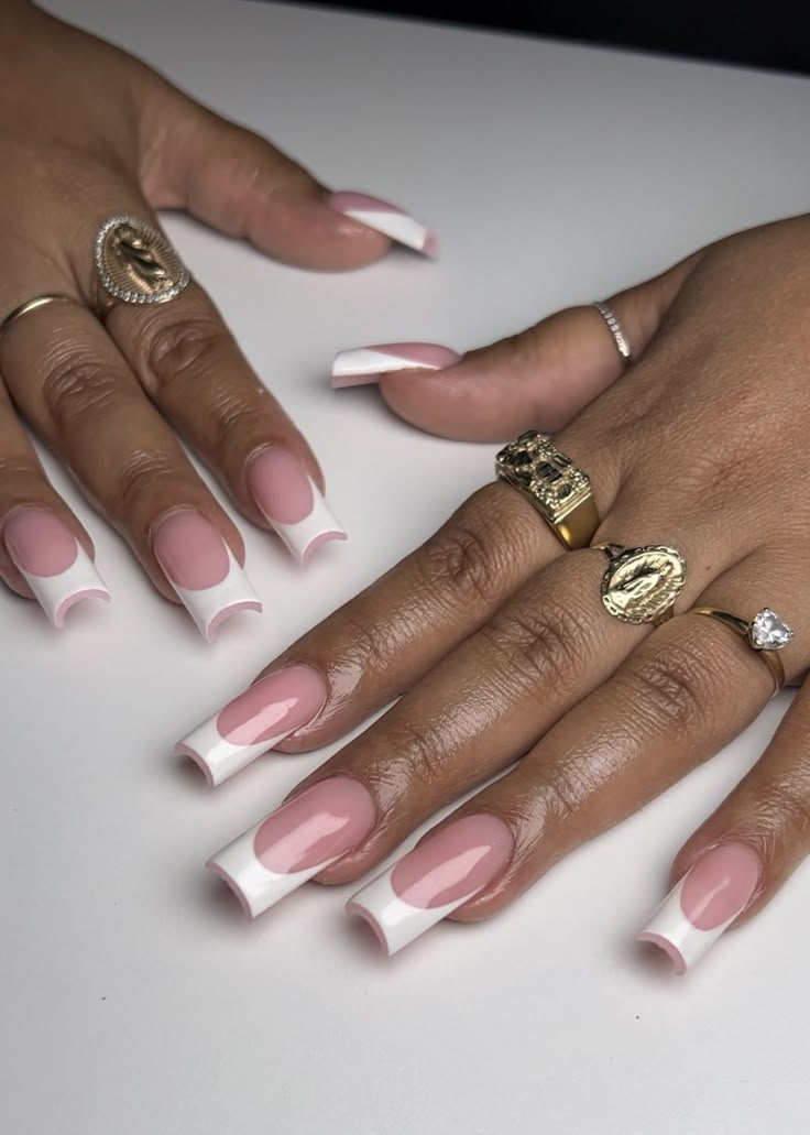 Pointed French Tip Nails White, Solid Color French Tip Nails, Medium French Tip Nails With Design, French Tip Nails White With Design, Mid Length French Tip Nails, White Long French Tip Nails, Medium Square Acrylic Nails French Tips, French Tip Acrylic Nails Color, French Tip Acrylic Nails Bling