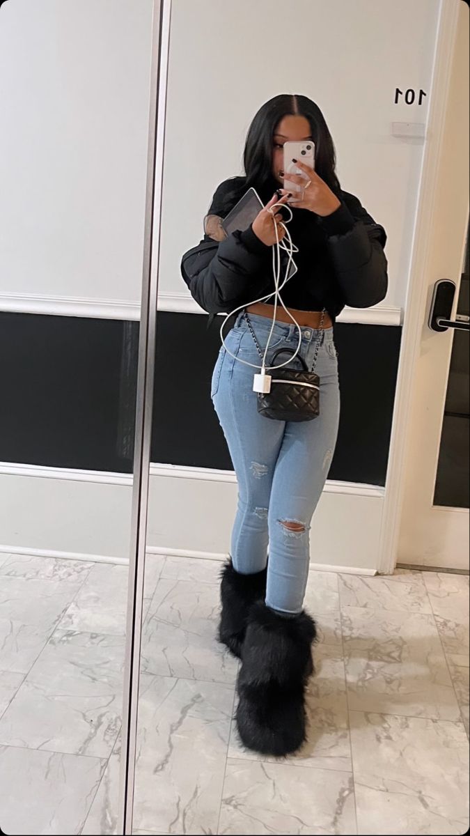 Grey Skinning Jeans Outfit, Cute Outfit With Boots, Outfits With Black Fur Boots, Black Fur Boots Outfit Black Women, Baddie Boots Outfit, Fuzzy Boots Outfit Black Women, Fly Girl Winter Outfits, Jean Boots Outfit Black Women, Jeans And Uggs Outfit Winter