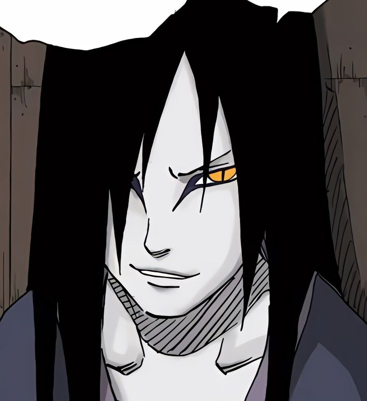 an anime character with long black hair and orange eyes