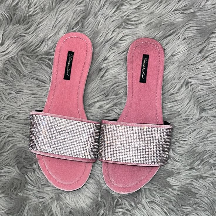 New Without Tags. Size Medium, Would Recommend For Size 8-9. Pink Sparkly Sandals, Glamorous Bedazzled Synthetic Sandals, Glamorous Bedazzled Flat Sandals, Slip-on Synthetic Sandals With Rhinestones, Summer Bling Sandals In Synthetic Material, Party Flat Sandals With Bling, Summer Sandals With Bling And Synthetic Material, Synthetic Open Toe Sandals With Bling, Flat Party Sandals With Bling