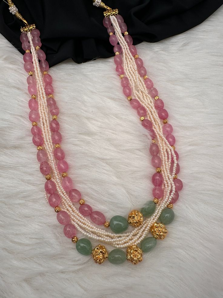 Rose Quartz Emerald Pearls Nakshi Multi Layer Necklace Only Neckalce no earringsColor : GoldenSize : Necklace Length : 22 Inches Approx;Stones : Pearl Real Emeralds Rose Quartz Nakshi Balls Latest Beads Jewellery Designs, Nakshi Balls, Pearl Necklace Indian, Necklace Traditional, Keshi Pearl Necklace, Beads Fashion, Antique Gold Jewelry Indian, Pearl Jewelry Design, Gold Items