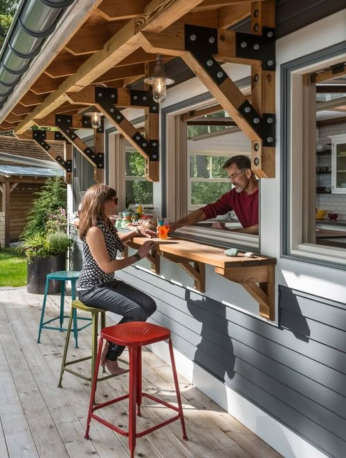 two people sitting at a bar on a porch