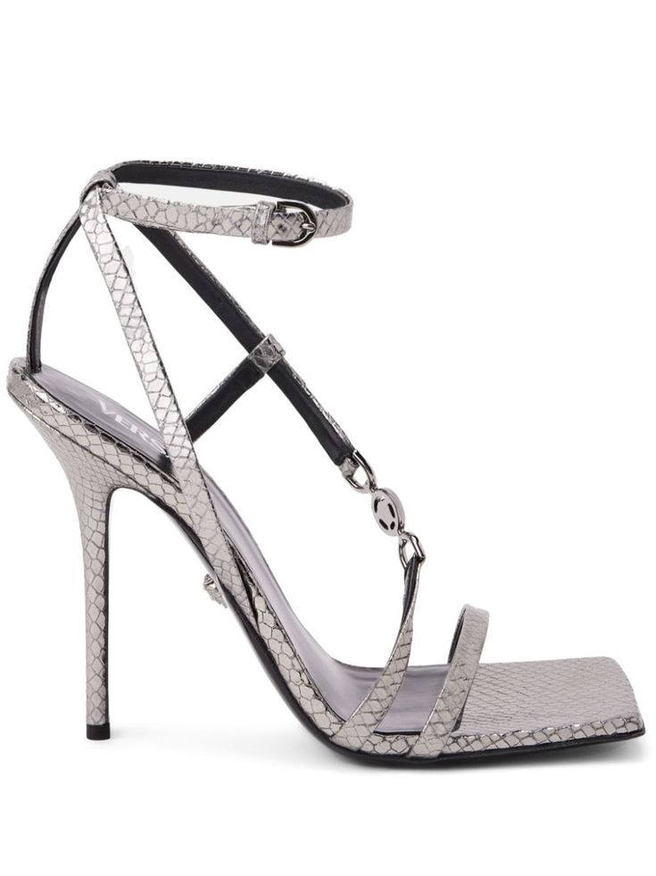 silver-tone leather metallic finish snakeskin effect high stiletto heel multi-way straps Medusa Head motif crystal embellishment single toe strap square open toe branded leather insole silver-tone hardware buckle-fastening ankle strap