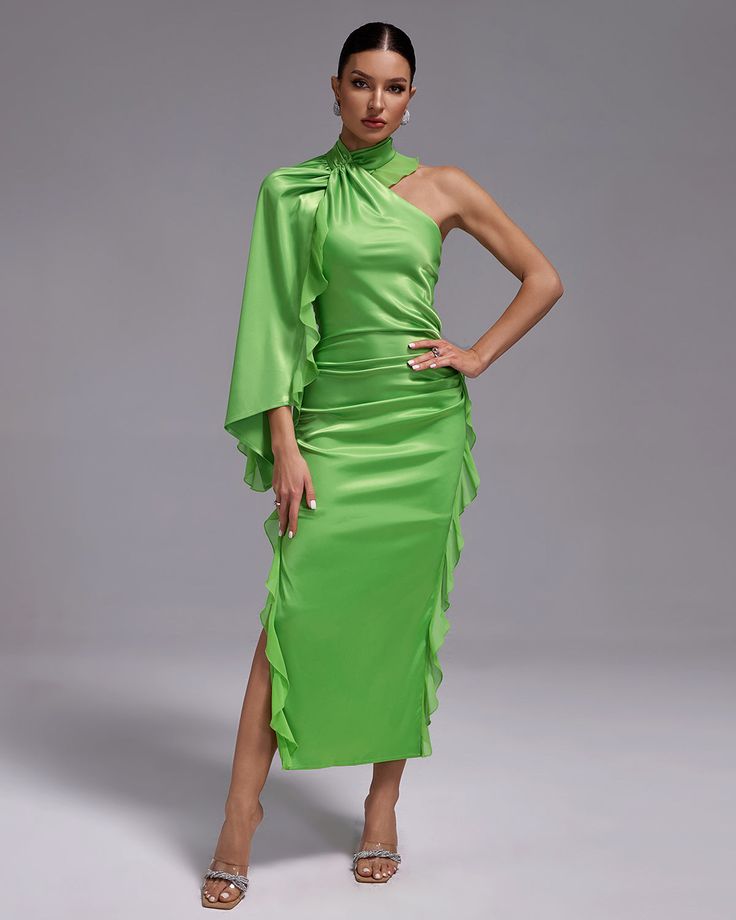 Add a touch of elegance to your wardrobe with our Asymmetric Ruffle Ruched Satin Dress. Crafted with luxurious satin fabric, this dress features a unique asymmetric ruffle design and flattering ruching details. Perfect for any special occasion, this dress will make you stand out in style. Our Style No.FP23461 Satin Height - 68.9"/175cm Bust - 34.6"/88cm Waist - 25.6"/65cm Hips - 36.6"/93cm and wears size S About Wholesale/Dropshipping, please contact us! Note: Colour may vary due to lighting on Spring Satin Asymmetrical Dress With Asymmetrical Neckline, Spring Satin Asymmetrical Dress With Unique Neckline, Chic Satin Dress With Asymmetrical Hem, Satin Asymmetrical Dress For Spring, Spring Chic Satin Dress With Asymmetrical Hem, Chic Satin Dress With Asymmetrical Hem For Spring, Chic Satin Dress With Asymmetrical Neckline For Spring, Chic Satin Dress With Asymmetrical Hem For Party, Elegant Ruched One Shoulder Satin Dress