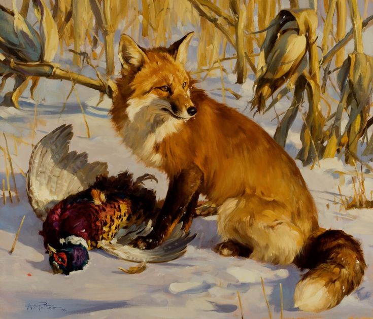 a painting of a fox and two turkeys in the snow with dead corn stalks