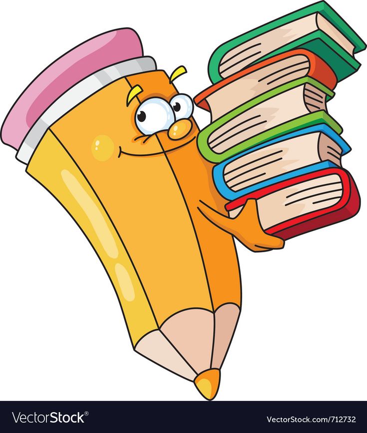 cartoon pencil with stack of books on its back and eyes closed, holding it in the air