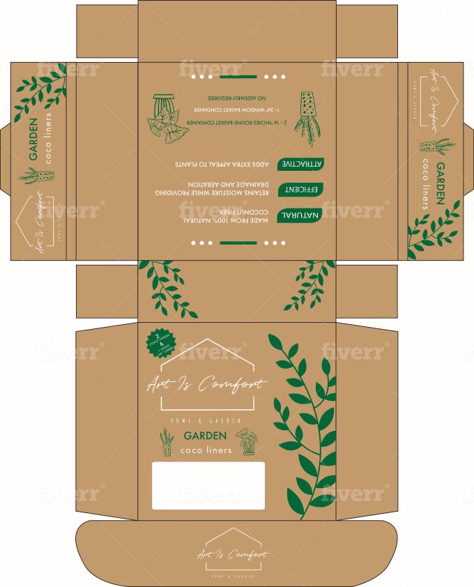 an open cardboard box with green leaves on the front and side, inside it is shown