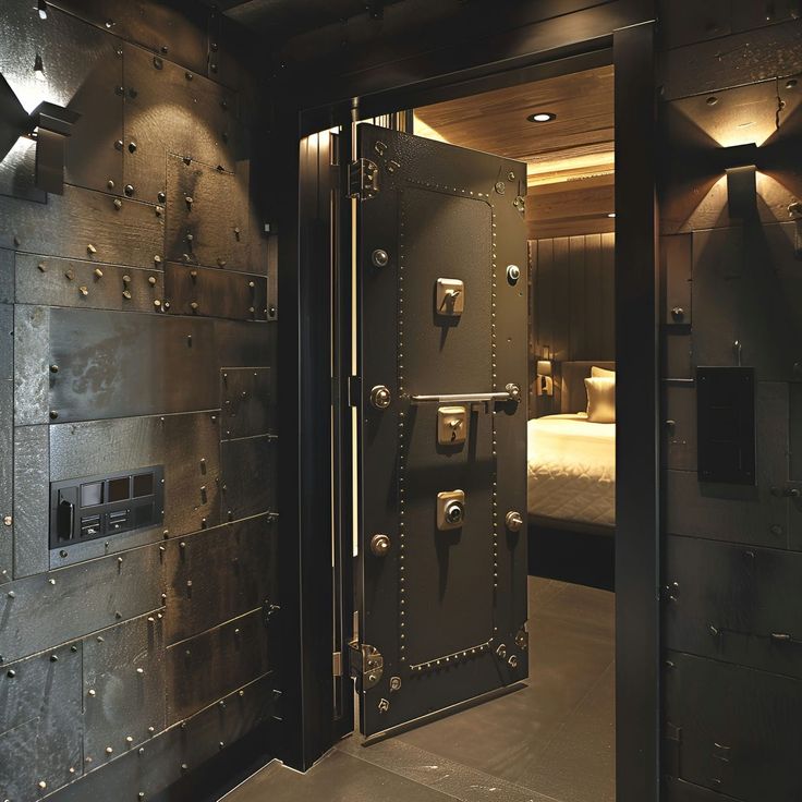 Discover the ultimate in security and style with our industrial panic room. The doorway, adorned with black metal and brass details, leads into a luxuriously rugged bedroom. A bed, reminiscent of Banksy's art, sits within a massive, vault-like space, showcasing heavy metal plates and multiple locks for maximum security. Luxury Secret Room, Wreck Room Ideas Basements, Safe Room Aesthetic, Safehouse Aesthetic, Cool Secret Rooms In Houses, Secret Room In Bedroom, Panic Rooms In Houses, Security Room Design, Panic Room Ideas