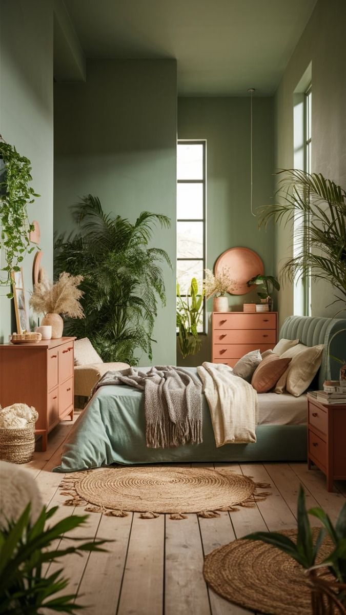 a bedroom with green walls and wooden floors, plants in the corner on either side of the bed