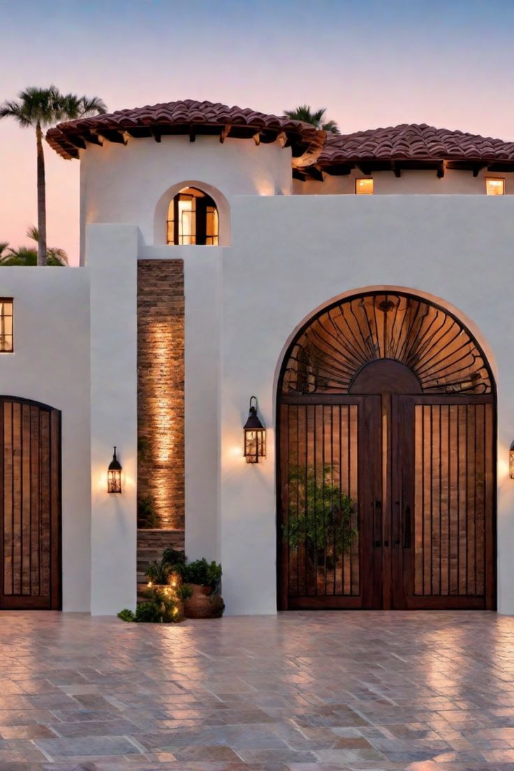 Mediterranean-style house with stucco walls, arched wooden door, and tile roof at dusk.