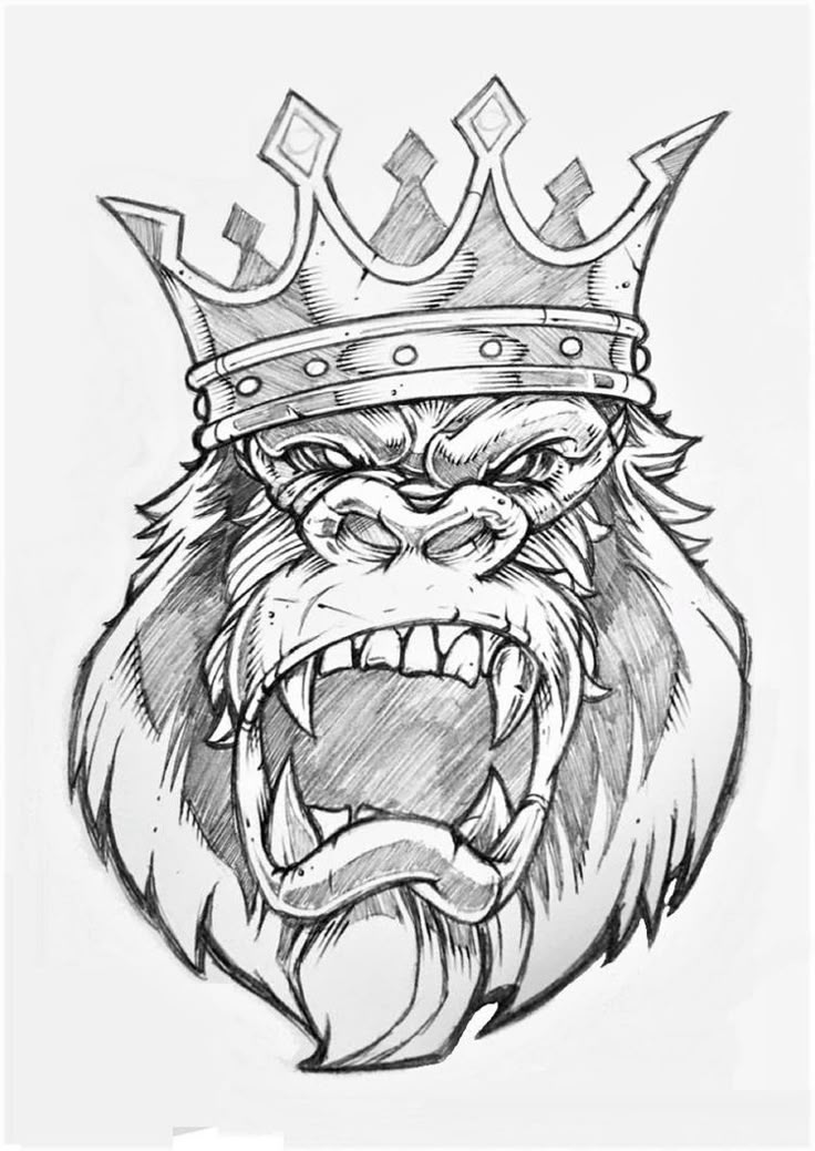 a drawing of a gorilla wearing a crown with its mouth open and teeth wide open