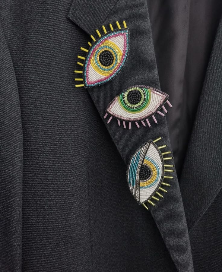 an eye patch is attached to a black jacket with two different colored eyes on it