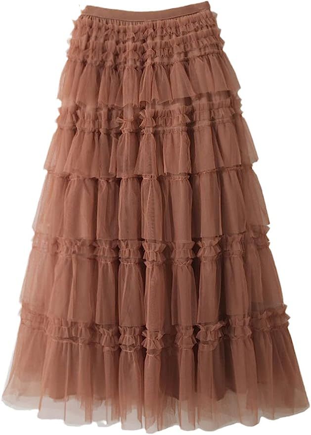 Ruffled layered brown Korean skirt Brown Korean, Maxi Tulle Skirt, Long Pleated Skirt, Korean Skirt, White Long Skirt, Celebrity Party, Women Korean Fashion, Tulle Maxi Skirt, Pleated Long Skirt