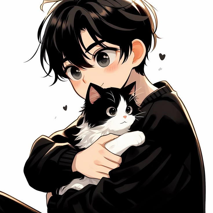 a man holding a black and white cat in his arms with hearts flying around him