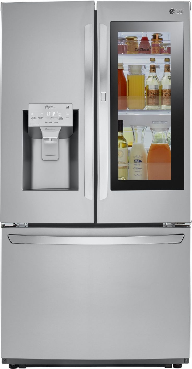 Bringing innovation and distinctive design together, LG’s new refrigerator with InstaView™ Door-in-Door® will enhance even the most beautifully crafted kitchen. The sleek tinted glass panel illuminates with two quick knocks, allowing you to see inside without ever opening the door, reducing cold air loss to help keep food fresher longer. LG Counter-Depth InstaView 21.9-Cu. Feet 3 -Door Smart Compatible French Door Refrigerator with Dual Ice Maker with water and Ice dispenser and Door Wallpaper In Laundry, Door In Door Refrigerator, Living Space Interior, Lg French Door Refrigerator, Apt Kitchen, Counter Depth French Door Refrigerator, Steel French Doors, Smart Fridge, Smart Refrigerator