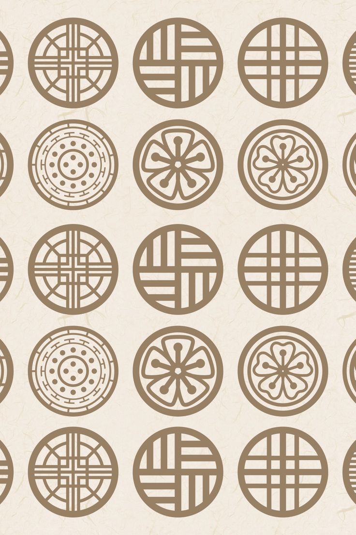 a set of nine circular designs in brown on a white background, each with an individual's own design