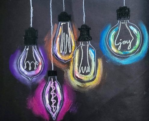 chalk drawing of five light bulbs with the word joy written on them hanging from strings