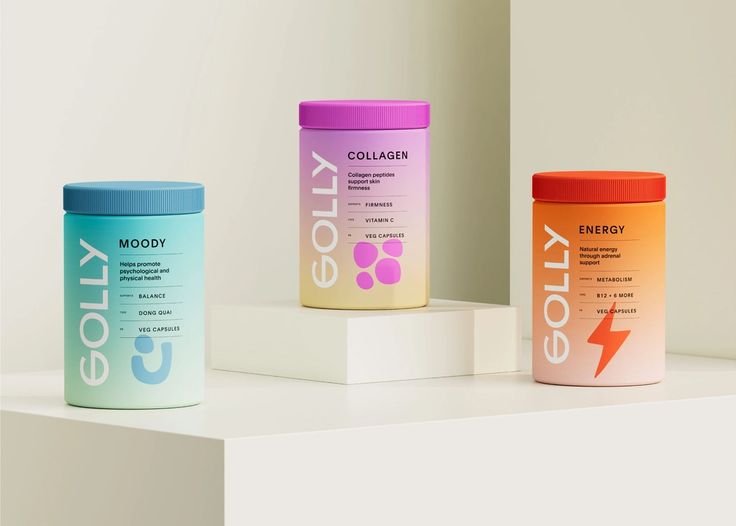 three different colored containers sitting on top of a white shelf next to each other, one containing collager and the other containing energy