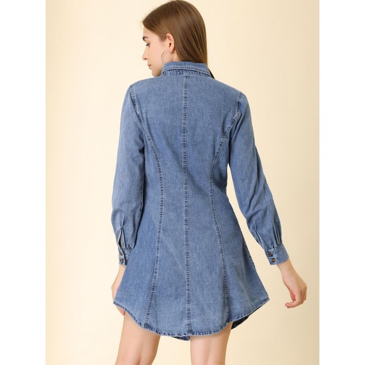 This Women's Denim Tunic Dress is crafted from soft and comfortable cotton denim, making it perfect for spring, autumn, and winter wear. The shirt dress features a flattering shape with pared-back details and a cinched waist. It includes a feminine silhouette, chest pockets, and a classic collar with a front button placket. The dress is cut to a flattering above-knee length. Pair it with canvas trainers for a casual, off-duty look. Please note that the model is wearing a size XS. Trendy Washed Blue Denim Dress For Fall, Collared Denim Dress With Button Closure, Denim Collared Shirt Dress With Button Closure, Medium Wash Cotton Button-up Shirt Dress, Cotton Button-up Denim Dress With Buttoned Pockets, Fall Denim Cotton Dress With Buttoned Pockets, Button-up Cotton Denim Dress With Buttoned Pockets, Collared Denim Blue Cotton Shirt Dress, Denim Blue Collared Cotton Shirt Dress