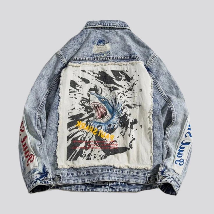 Welcome to the 2023 Spring-Summer Collection and experience true fashion elegance with the large pieced-together jean jacket! Perfectly blending vintage styles and vogue flair. this denim jacket is patterned to add a bold and unique statement to your wardrobe. Offering a distinctive buttoned closure. ripped look. and creative printed design. you'll be sure to look and feel your best in this one-of-a-kind piece.Distinctive Features: Oversized Fit: Perfect for those looking for a bold and stylish Patchwork Jean Jacket, Denim Jeans Jacket, Print Outerwear, Ladies Short Jackets, Shark Print, Oversized Jean Jacket, Jean Jacket Men, Oversized Jeans, Print Denim