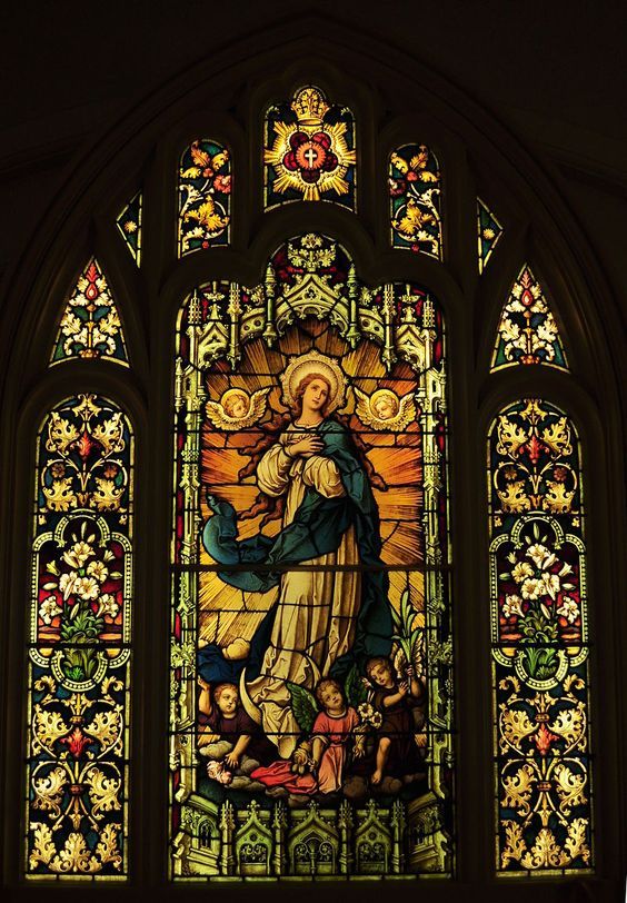 a stained glass window with an image of the virgin mary