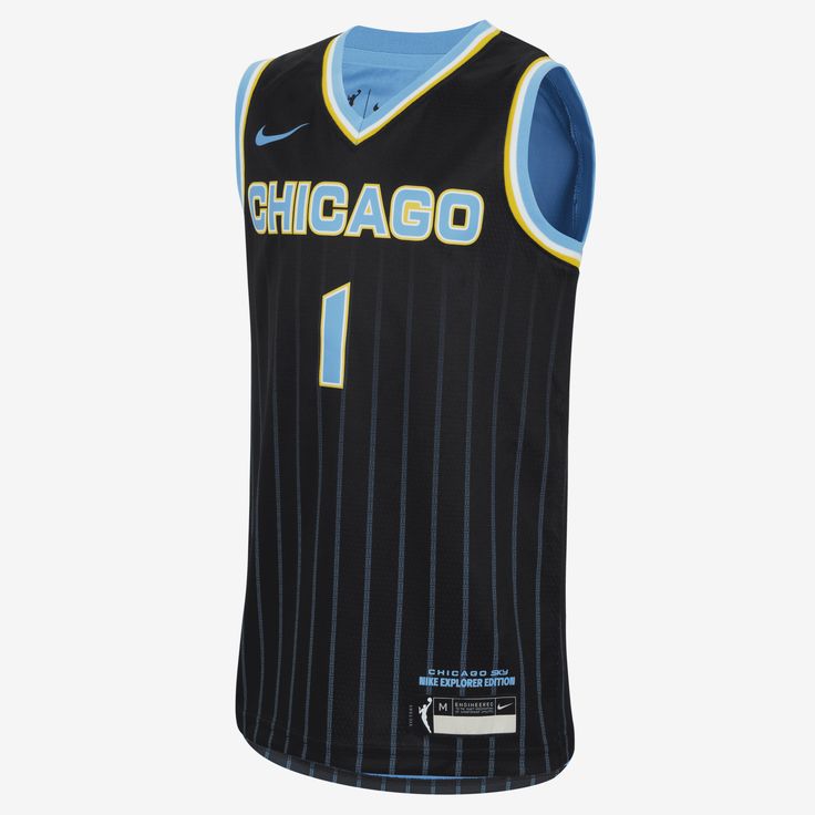 Pay tribute to your team in this Chicago Sky Jersey. Made from lightweight, sweat-wicking technology with squad colors and print, it helps keep you comfortable in a replica design of what Diamond DeShields wears on the court. Sporty Cotton Jersey With Team Name, Nike Dri-fit Activewear For Sports Events, Black Team Logo Jersey For Basketball, Black Basketball Jersey With Team Logo, Moisture-wicking Cotton Jersey For Team Events, Throwback Cotton Jersey For Sports Events, Team-colored Basketball Sportswear Jersey, Team-colored Sportswear Jersey For Basketball, Team-colored Sportswear Basketball Jersey